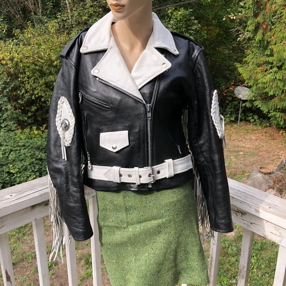 VTG UNIK MOTO LEATHER BLACK WHITE FRINGED JACKET - Picture 4 of 7